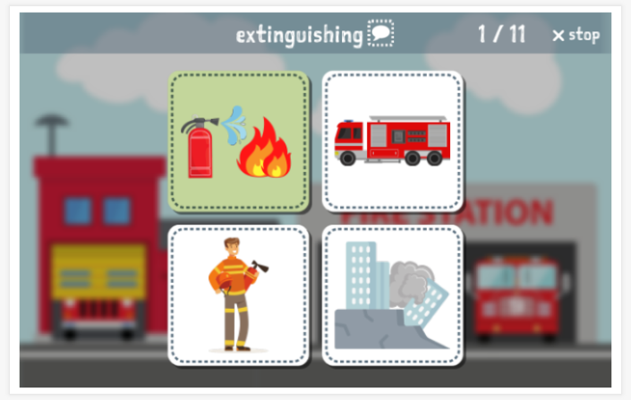 Taaltoets (lezen en luisteren) van het thema Brandweer van de app Engels voor kinderen