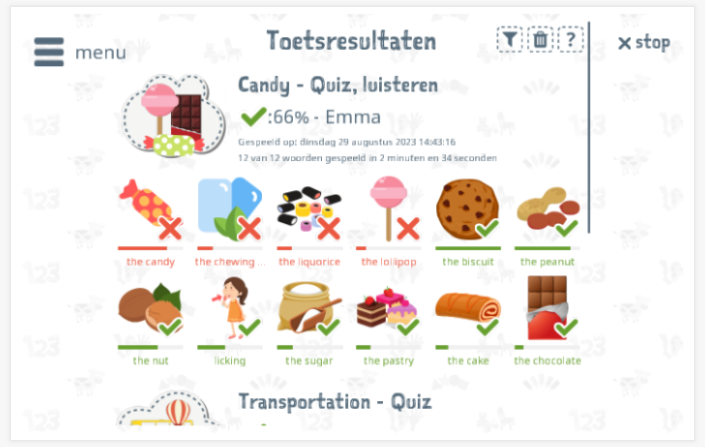 Toetsresultaten geven inzicht in de woordenschatkennis van het thema Snoep 