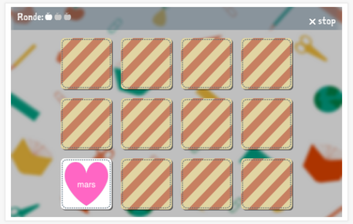 Memoryspel van het thema Maanden van het jaar van de app Frans voor kinderen