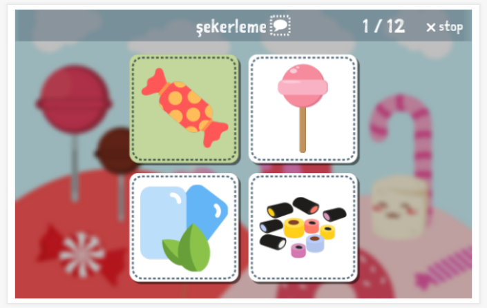 Taaltoets (lezen en luisteren) van het thema Snoep van de app Turks voor kinderen